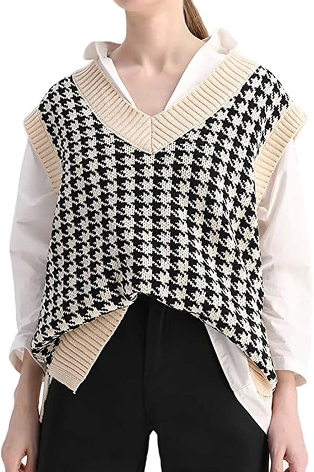 Sweater Vest for Women Plaid Knit Sleeveless V Neck Top Checkered Sweaters Oversized Y2k Cropped Pullover Tank Tops