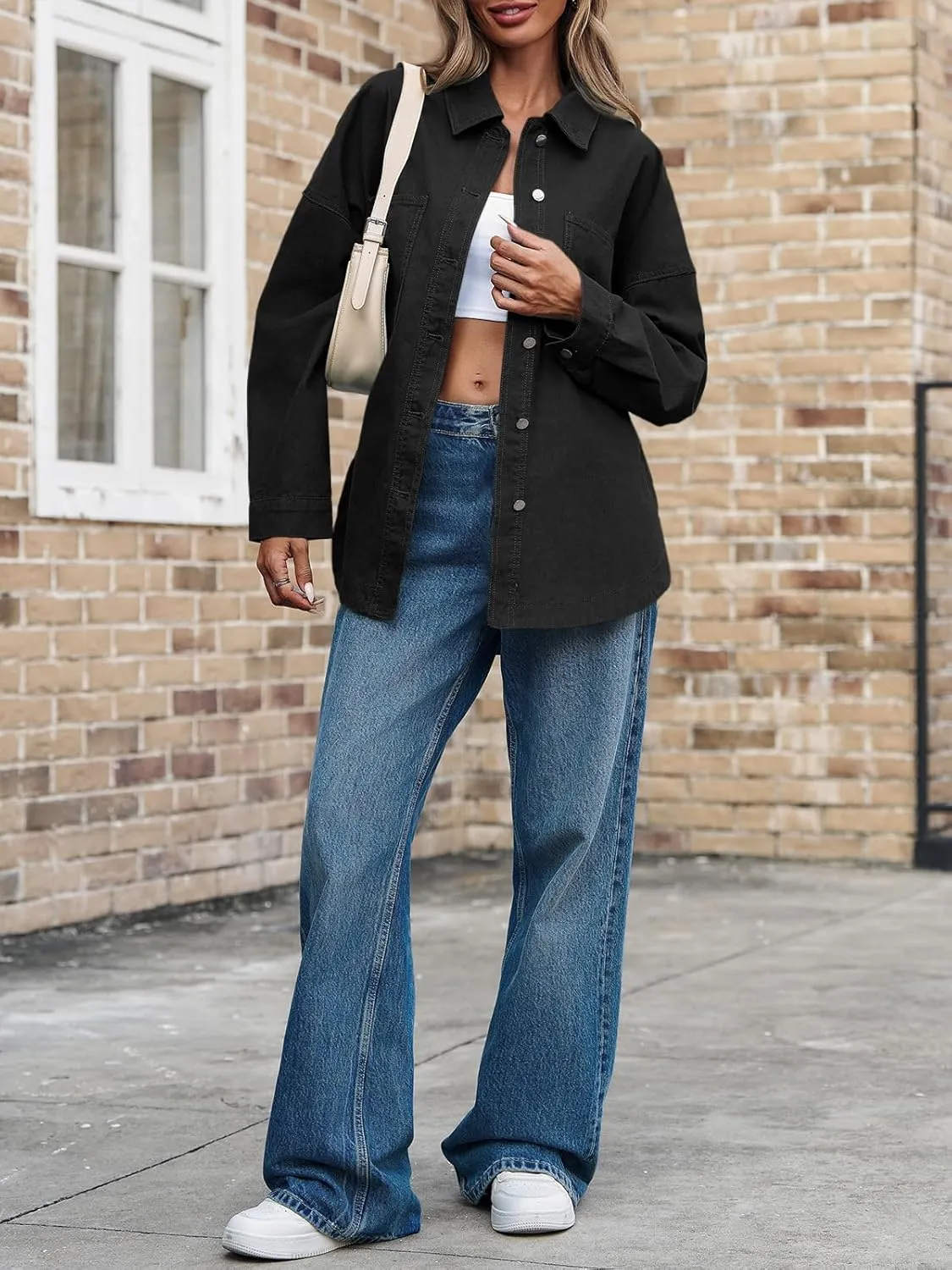 Tankaneo Womens Oversized Denim Shirt Jacket Button Down Long Sleeve Fall Casual Jean Shackets