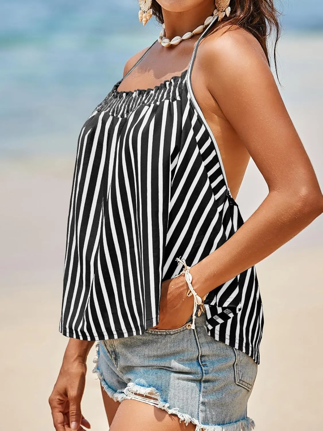 Tankaneo Womens Striped Halter Camisole Tank Tops Vacation Open Back Crop Tops Flowy Pleated Y2k Tshirts