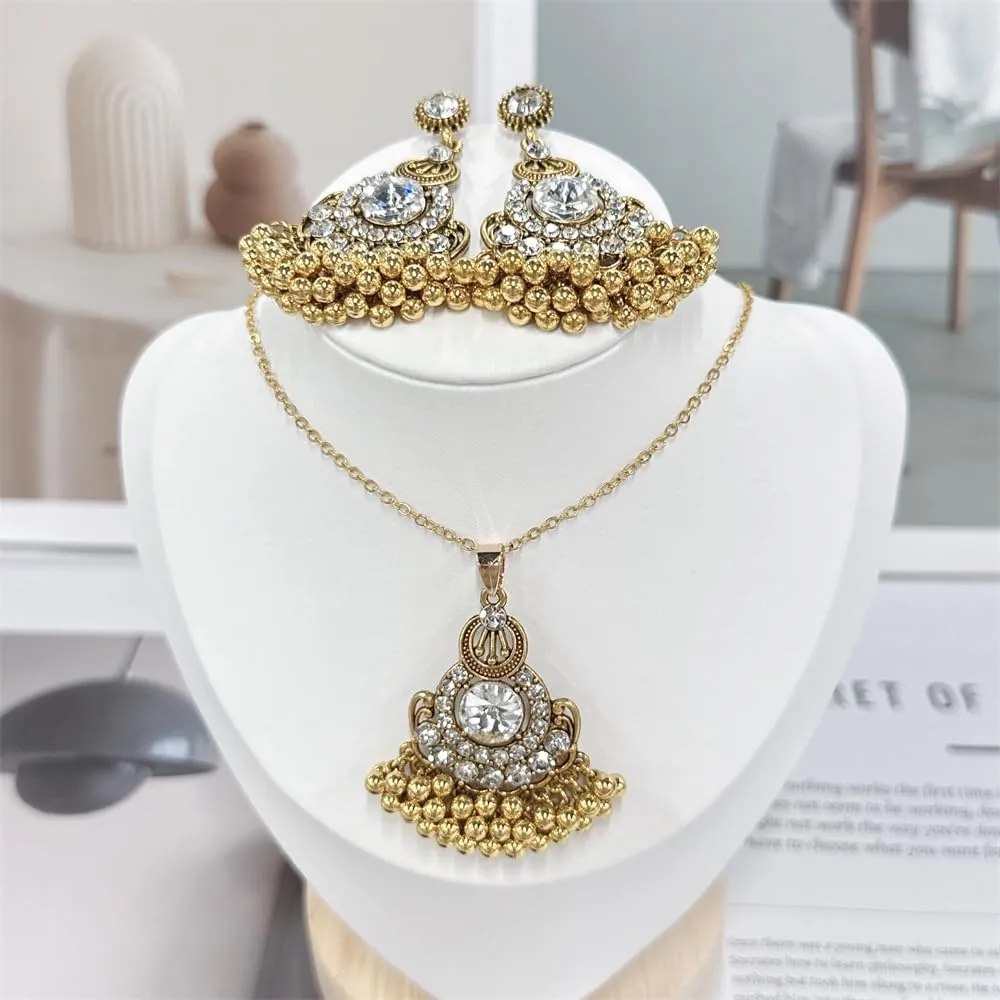 Teardrop Pearl Beaded Tassel Dangle Drop Round CZ Stud Earrings Choker Pendant Necklace Set for Women Gold Plated Indian Fashion Trendy Bollywood Jewelry for Party Wedding 18"