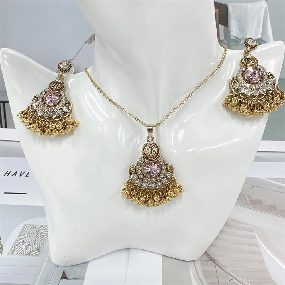 Teardrop Pearl Beaded Tassel Dangle Drop Round CZ Stud Earrings Choker Pendant Necklace Set for Women Gold Plated Indian Fashion Trendy Bollywood Jewelry for Party Wedding 18"