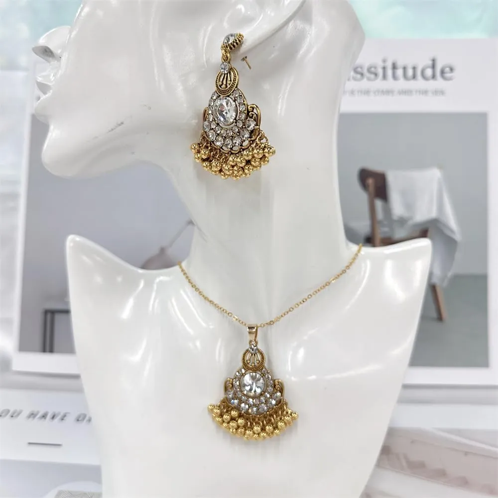 Teardrop Pearl Beaded Tassel Dangle Drop Round CZ Stud Earrings Choker Pendant Necklace Set for Women Gold Plated Indian Fashion Trendy Bollywood Jewelry for Party Wedding 18"