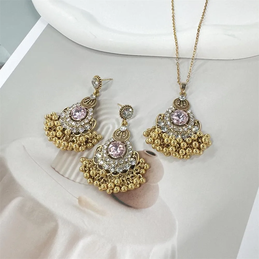 Teardrop Pearl Beaded Tassel Dangle Drop Round CZ Stud Earrings Choker Pendant Necklace Set for Women Gold Plated Indian Fashion Trendy Bollywood Jewelry for Party Wedding 18"