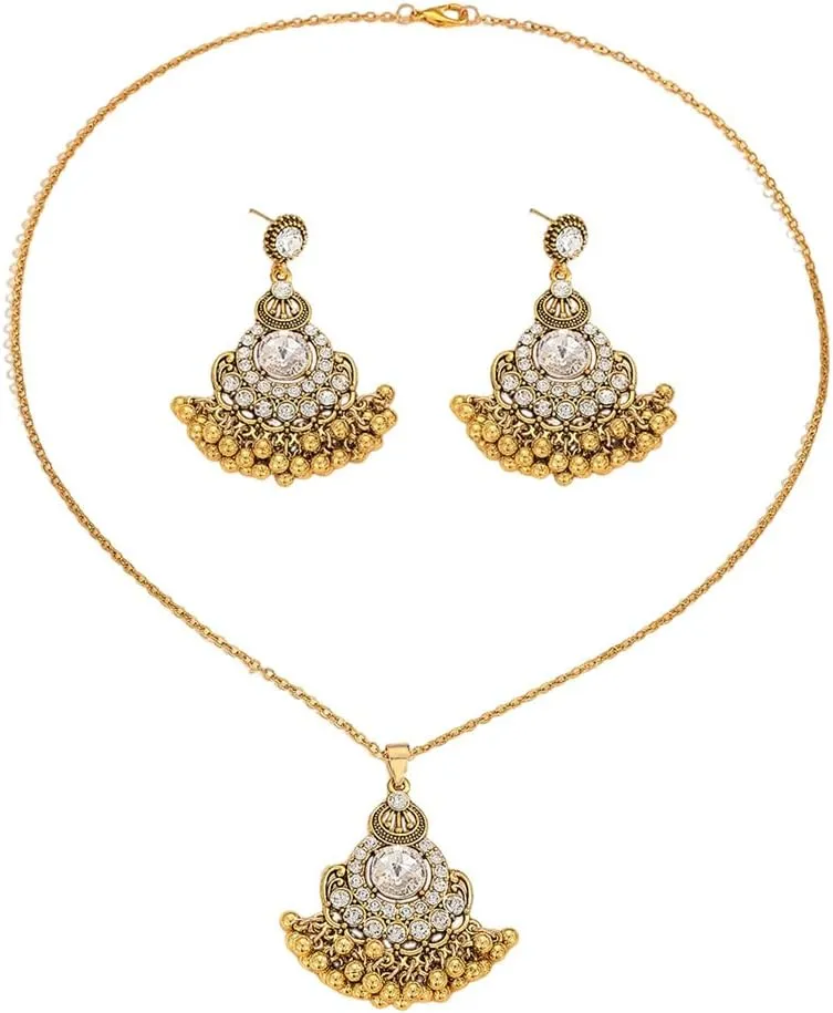 Teardrop Pearl Beaded Tassel Dangle Drop Round CZ Stud Earrings Choker Pendant Necklace Set for Women Gold Plated Indian Fashion Trendy Bollywood Jewelry for Party Wedding 18"