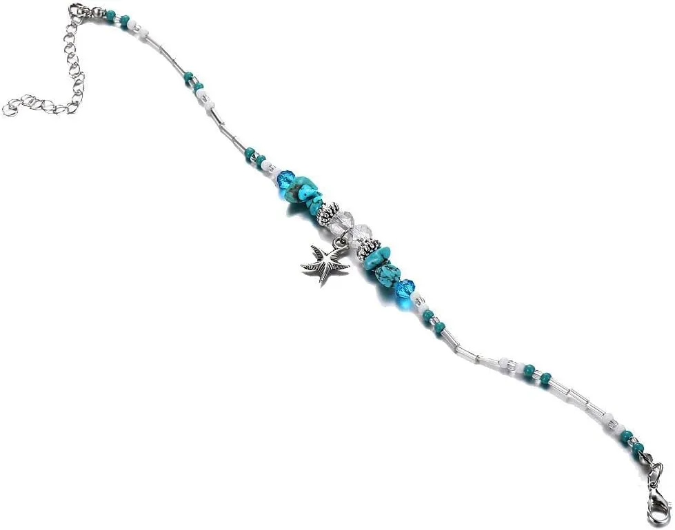 tenghong2021 Elastic Beaded Beach Anklet for Women Handmade Seed Bead Double Hollow Hearts Stretch Anklet Adjustable Blue/White Natural Stone Starfish Beach Anklet for Gifts Summer Foot Chain Jewelry