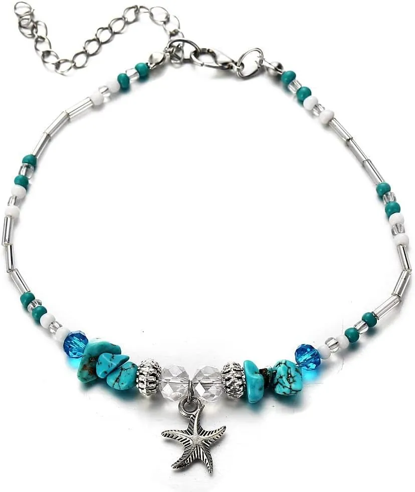 tenghong2021 Elastic Beaded Beach Anklet for Women Handmade Seed Bead Double Hollow Hearts Stretch Anklet Adjustable Blue/White Natural Stone Starfish Beach Anklet for Gifts Summer Foot Chain Jewelry