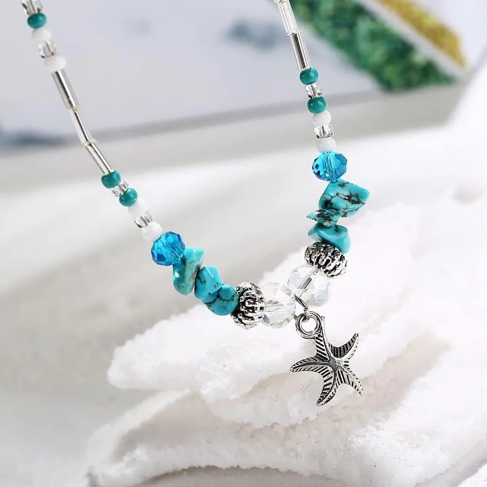 tenghong2021 Elastic Beaded Beach Anklet for Women Handmade Seed Bead Double Hollow Hearts Stretch Anklet Adjustable Blue/White Natural Stone Starfish Beach Anklet for Gifts Summer Foot Chain Jewelry