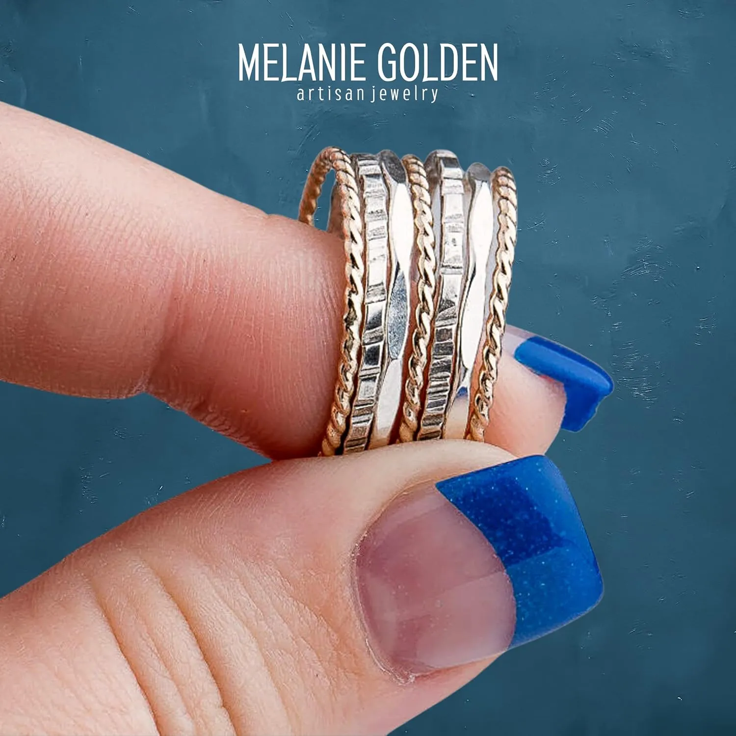 The Hera Stack | Set of 7 Mixed Metal Textured Thin Stacking Rings in Silver and Gold | Comfort Fit | USA Sizes 4-12 (9.5)