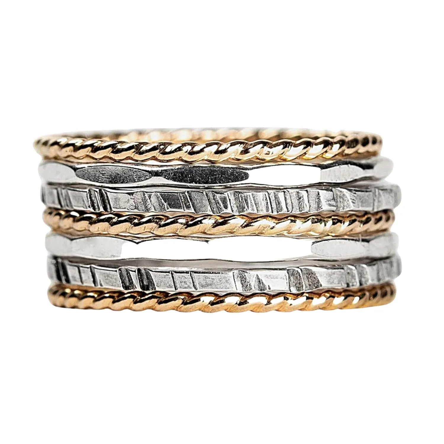 The Hera Stack | Set of 7 Mixed Metal Textured Thin Stacking Rings in Silver and Gold | Comfort Fit | USA Sizes 4-12 (9.5)