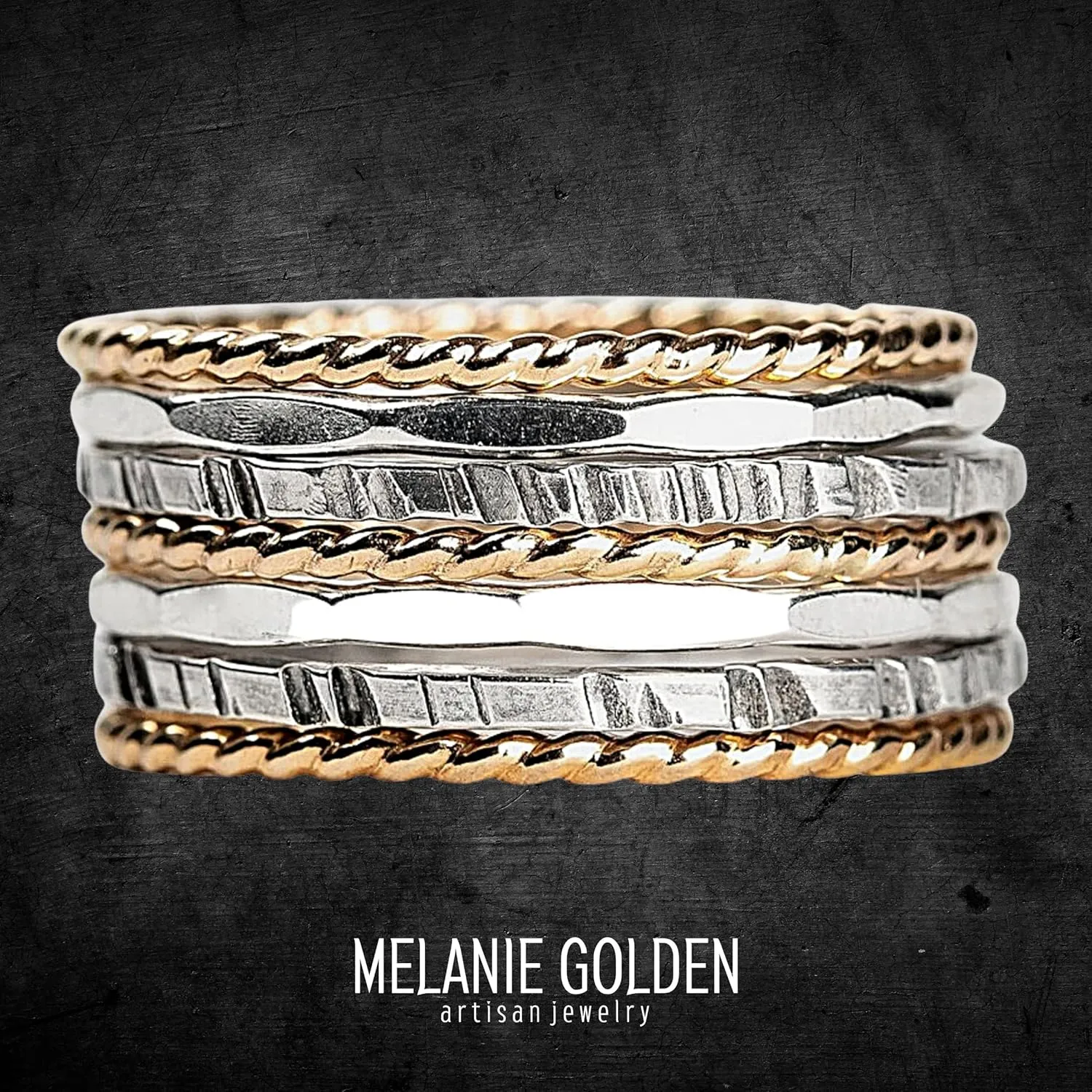 The Hera Stack | Set of 7 Mixed Metal Textured Thin Stacking Rings in Silver and Gold | Comfort Fit | USA Sizes 4-12 (9.5)