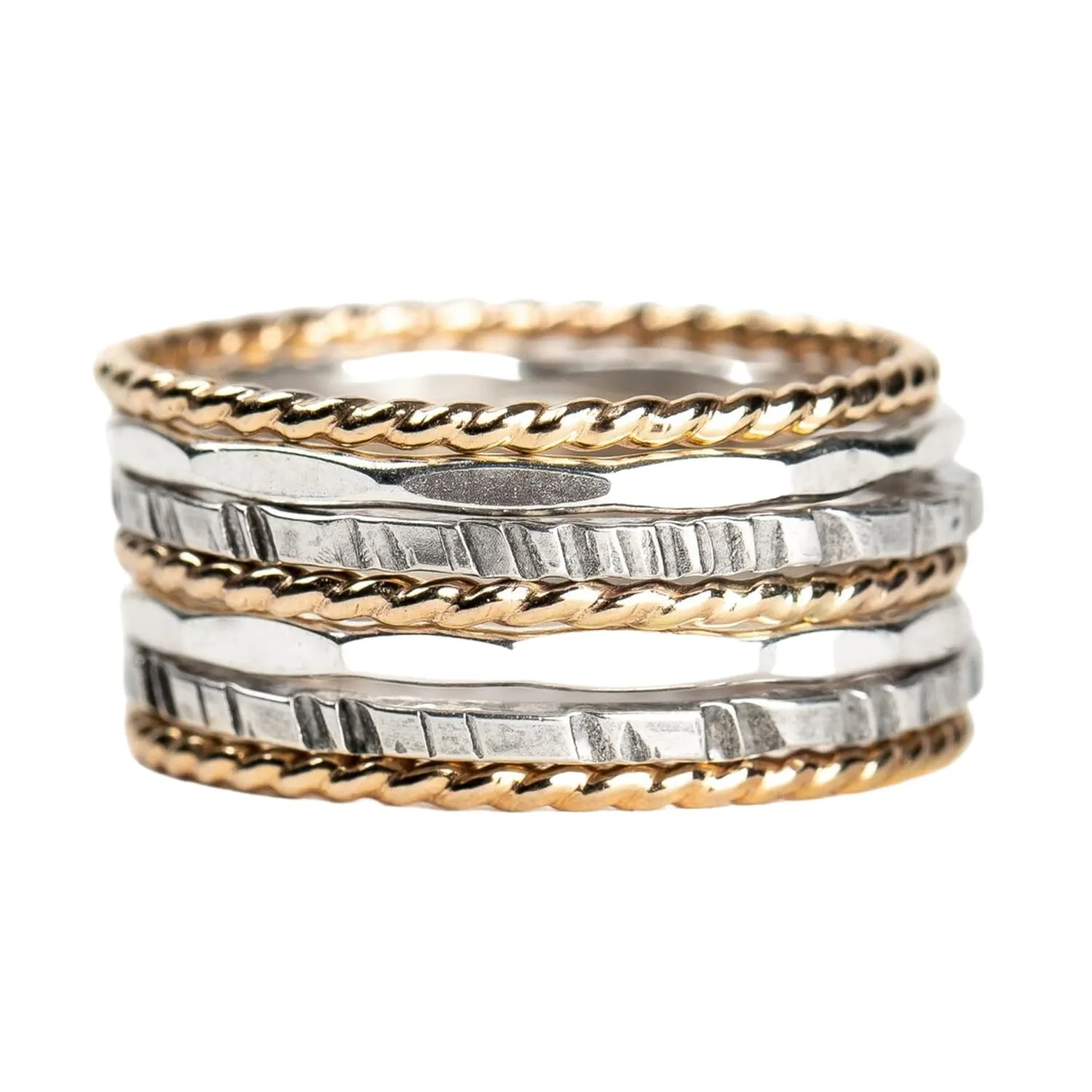 The Hera Stack | Set of 7 Mixed Metal Textured Thin Stacking Rings in Silver and Gold | Comfort Fit | USA Sizes 4-12 (9.5)