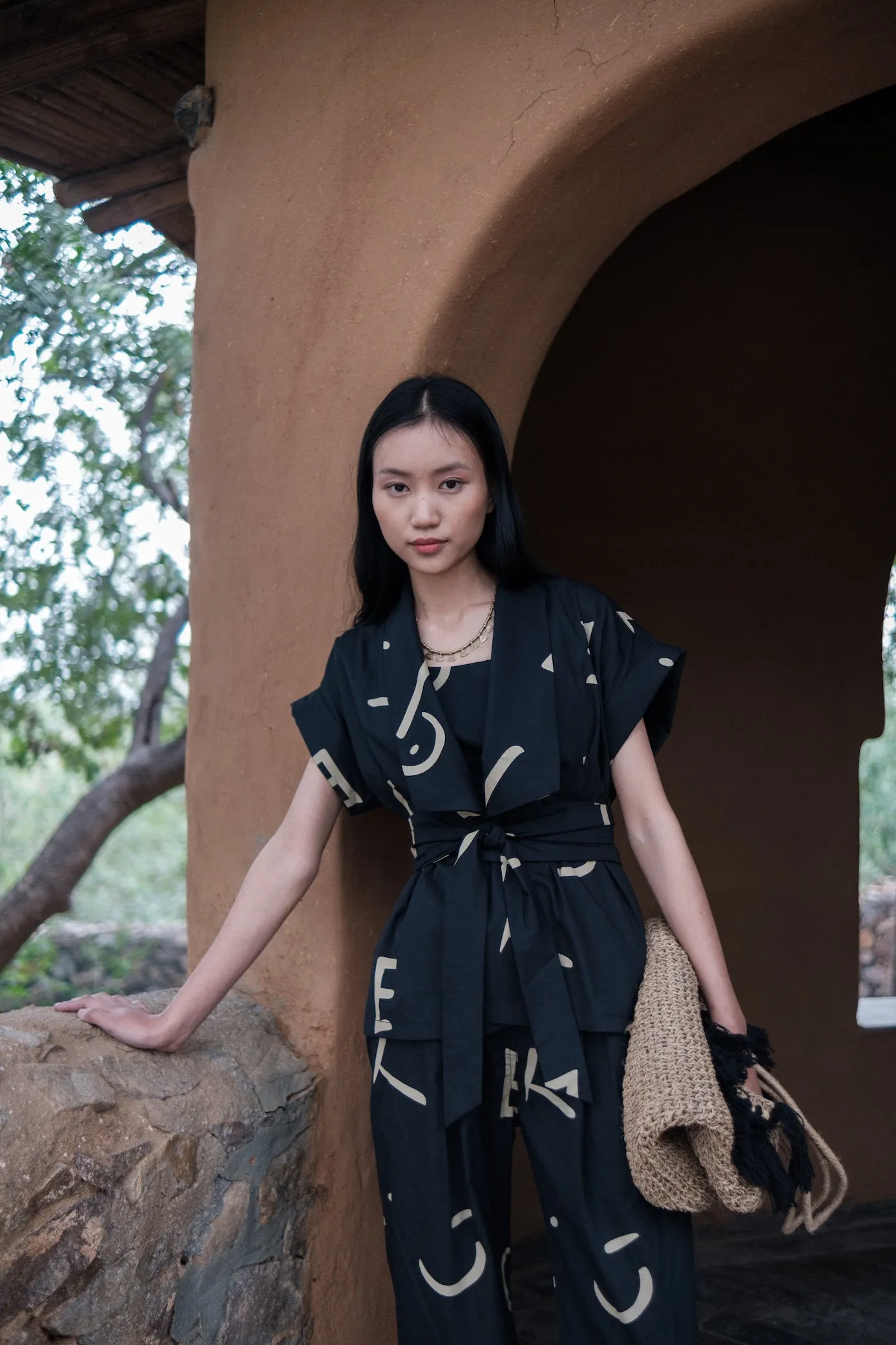 The Terra Tribe Black Line Printed Berlin Shawl Collar