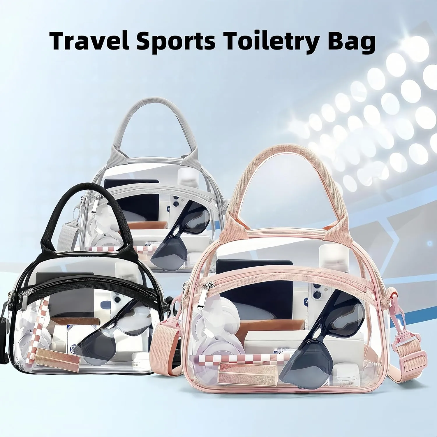 Transparent Travel Sports Toiletry Bag - Stadium Approved, Waterproof, with Adjustable Strap & Metal Zippers (Black)