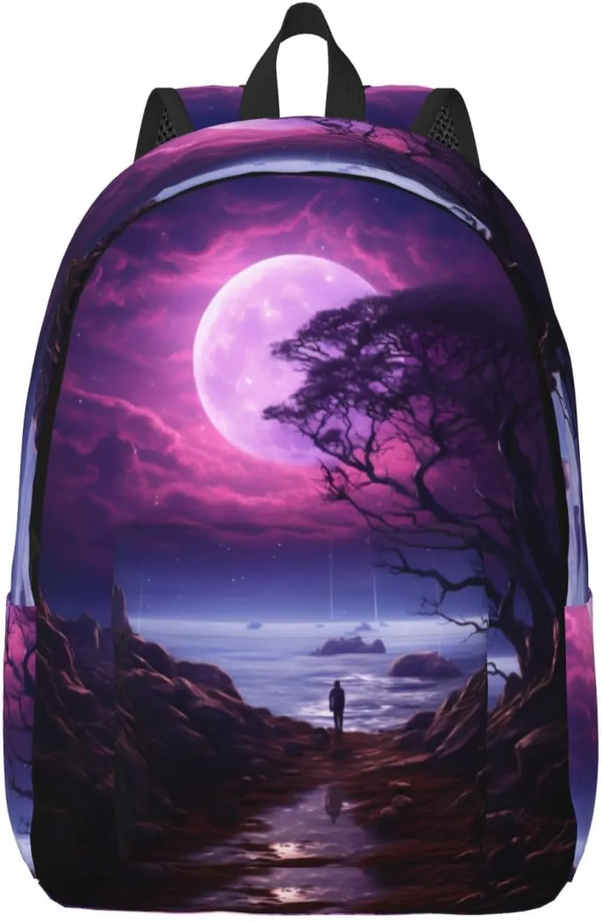Travel Laptop Backpack - Purple Moon Tree Night Sky Computer Canvas Backpack Bag with Adjustable Straps