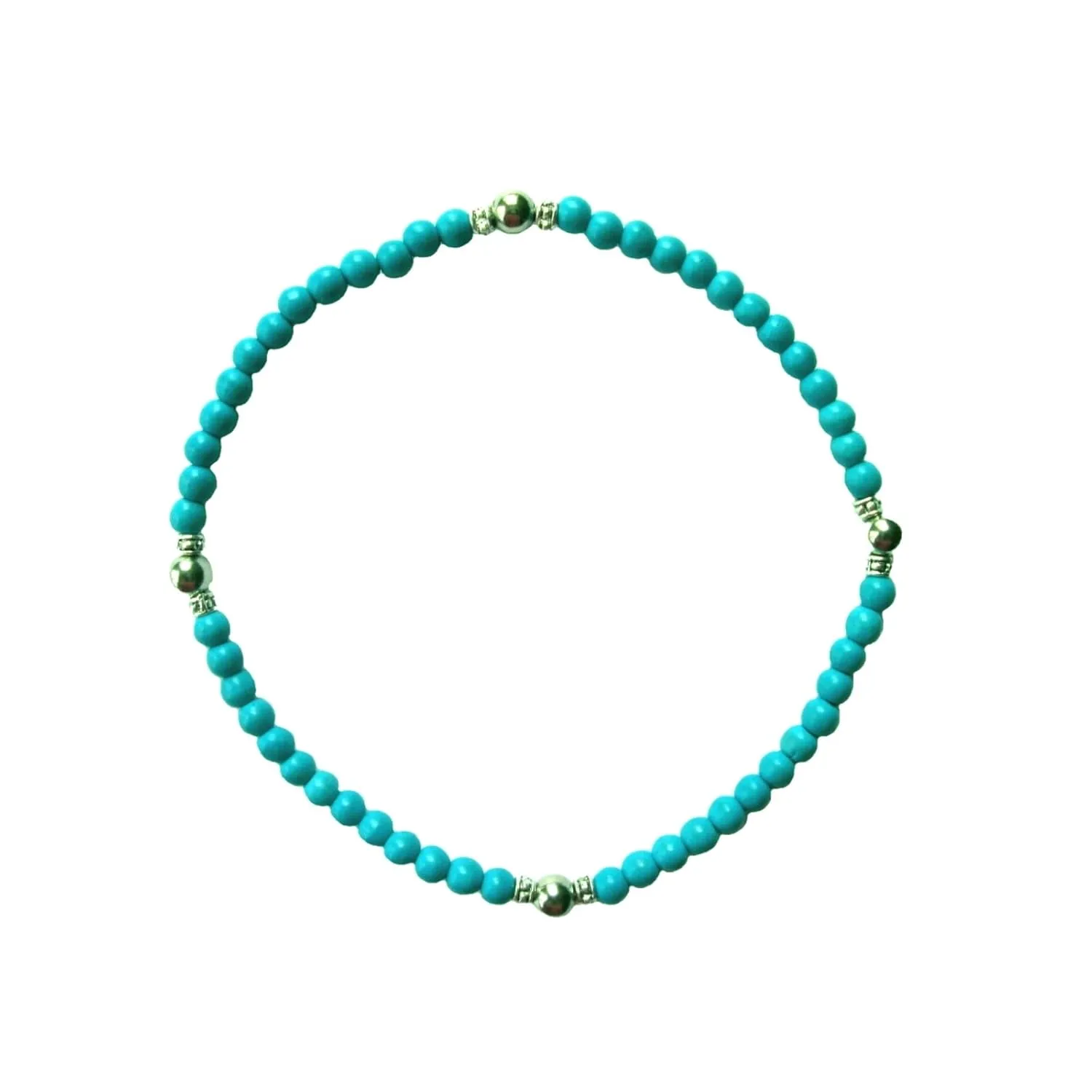 Turquoise Blue & Silver Tone Beaded 9" Stretch Anklet (A113) Burlap Gift Bag Included