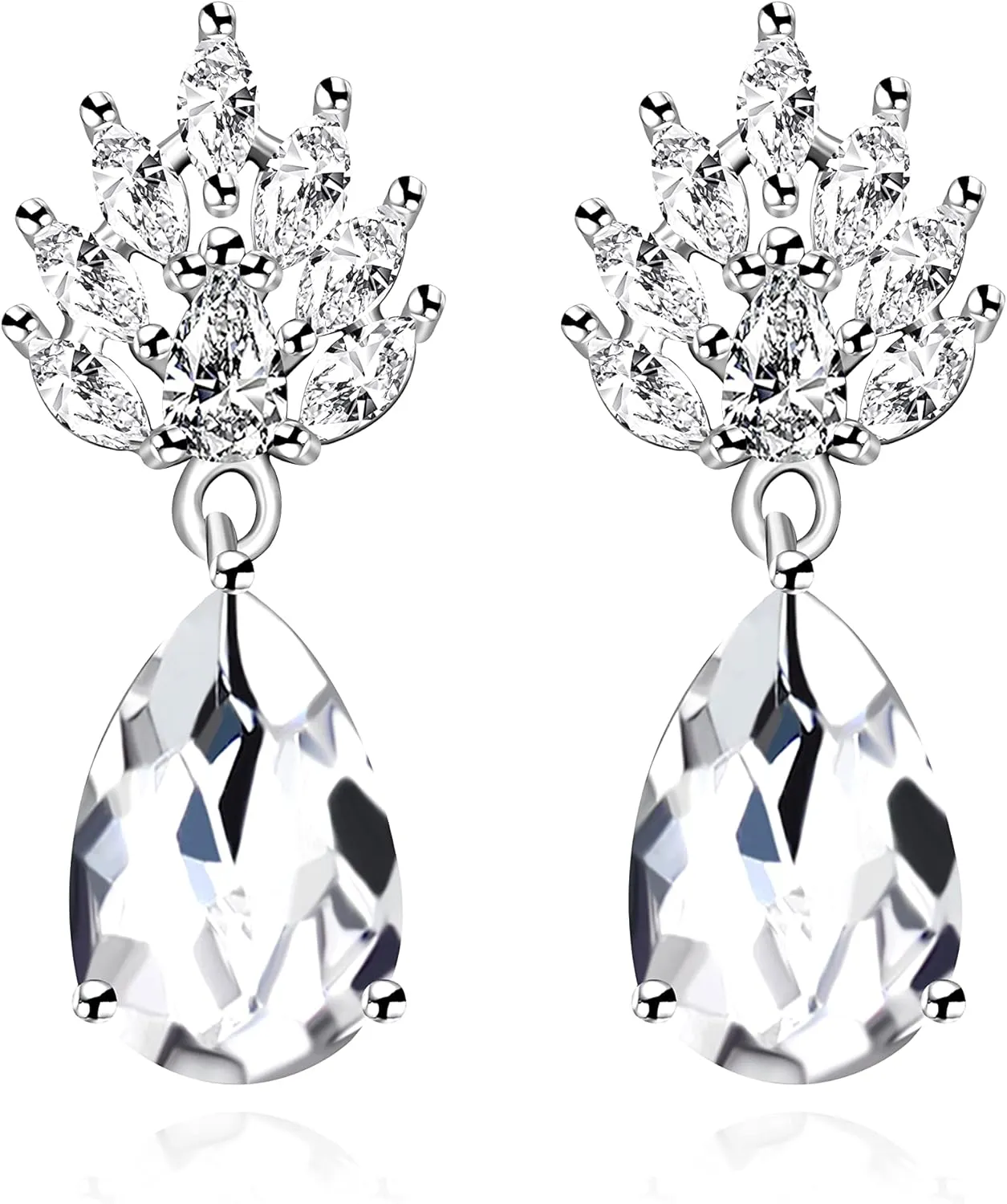 Uloveido Bridal Bridesmaid Wedding Drop Crystal Earrings White Gold Plated Teardrop Cubic Zirconia Studs Earrings with 7 Cards Y1970
