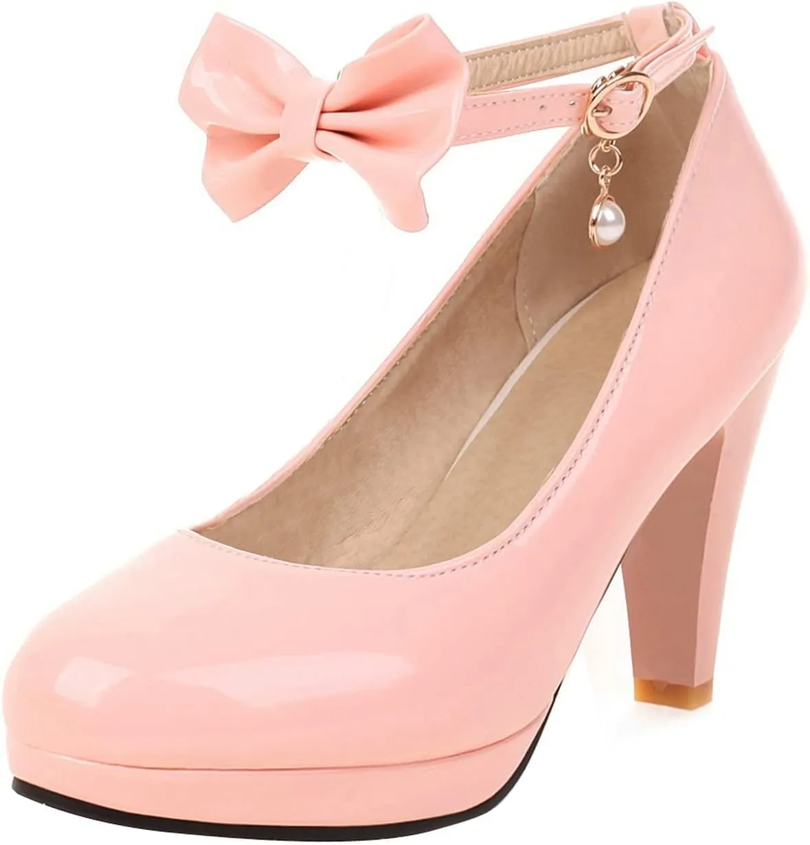 UniqueStride Womens Ankle Strap Block High Heel Pumps Chunky Heels Platform Round Toe Wedding Party Dress Elegant Bow Patent Leather Shoes