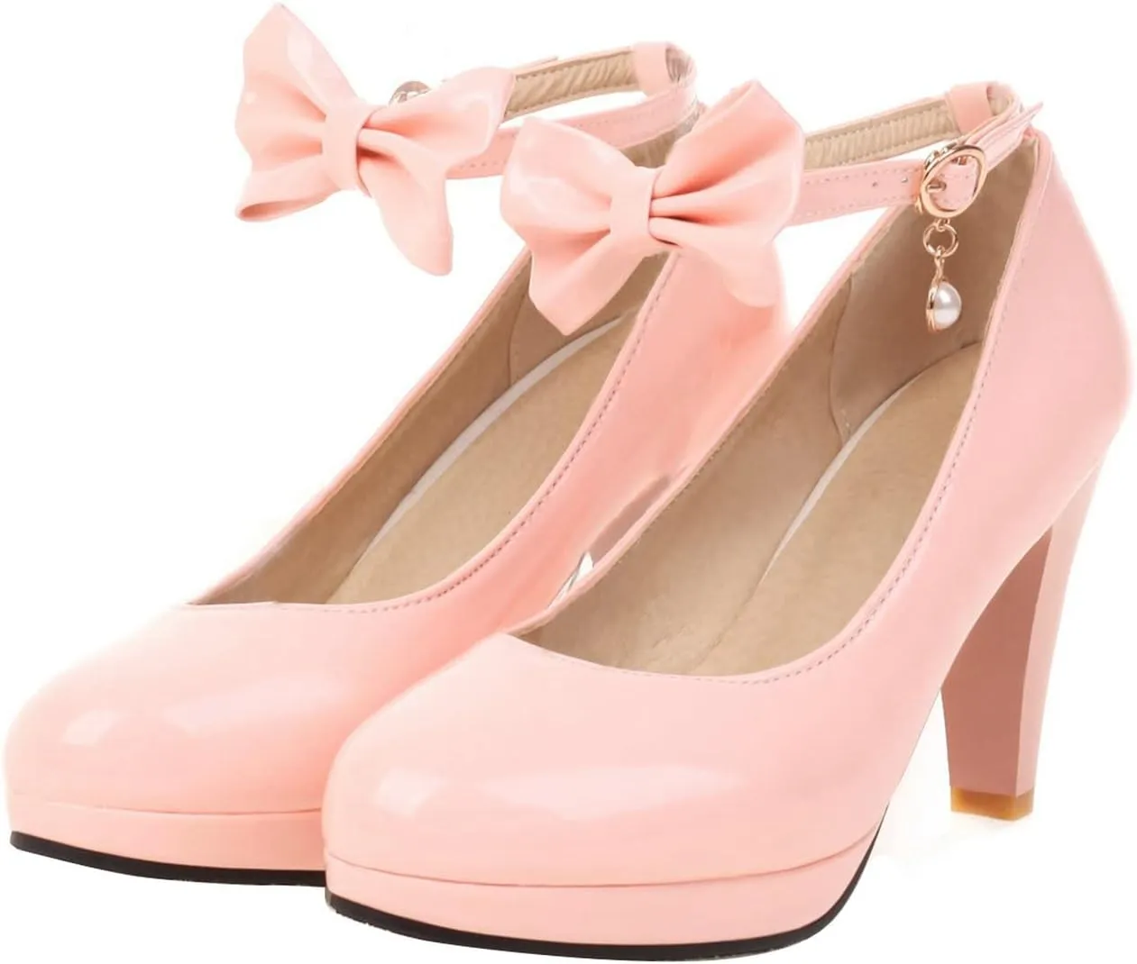 UniqueStride Womens Ankle Strap Block High Heel Pumps Chunky Heels Platform Round Toe Wedding Party Dress Elegant Bow Patent Leather Shoes
