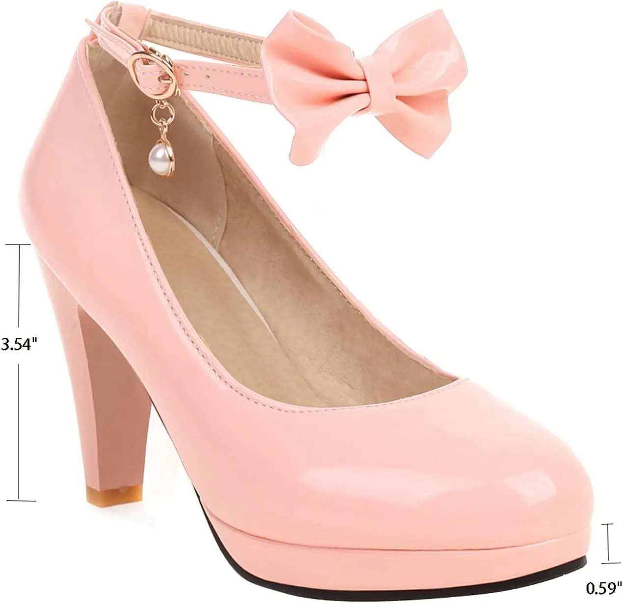 UniqueStride Womens Ankle Strap Block High Heel Pumps Chunky Heels Platform Round Toe Wedding Party Dress Elegant Bow Patent Leather Shoes