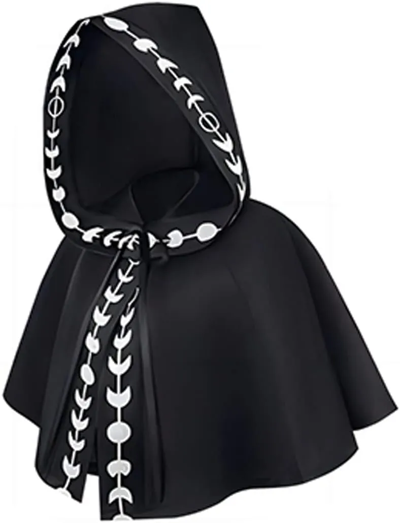 Unisex Moon Phases Print Hooded Cloak Medieval Renaissance Short Cape Cowl Hood Shawl Witch Cosplay Moon Costume