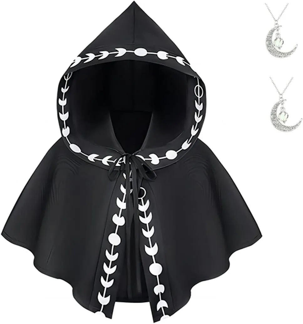 Unisex Moon Phases Print Hooded Cloak Medieval Renaissance Short Cape Cowl Hood Shawl Witch Cosplay Moon Costume