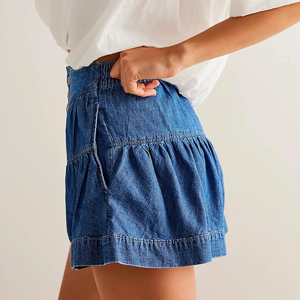 utcoco Women's 2025 Denim Shorts Casual Summer High Waisted Wide Leg Buttons Pleated Ruffle Jean Shorts