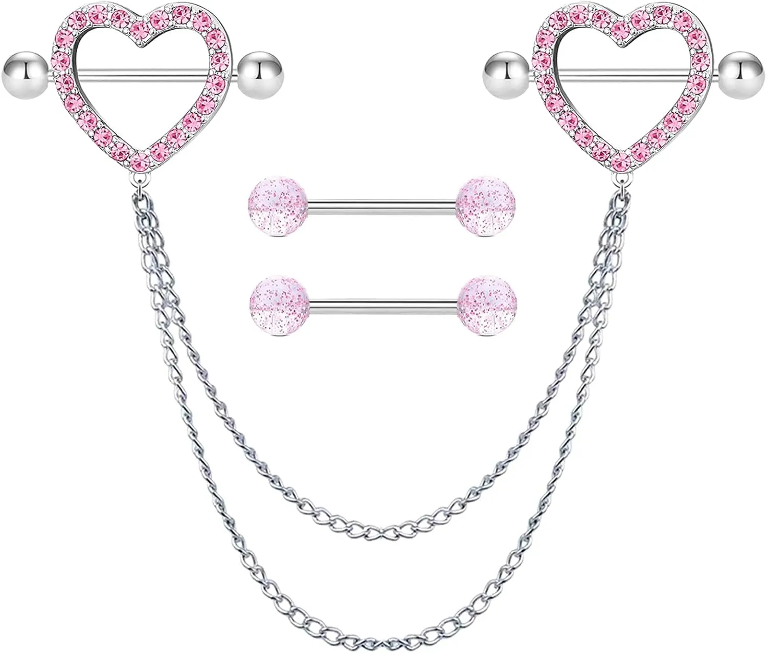 VERAMI 14G 316L Heart Nipple Rings Stainless Steel CZ Nipple Piercing Barbell Double Chain Connecting Nipple Ring Body Pierced Jewelry for Women