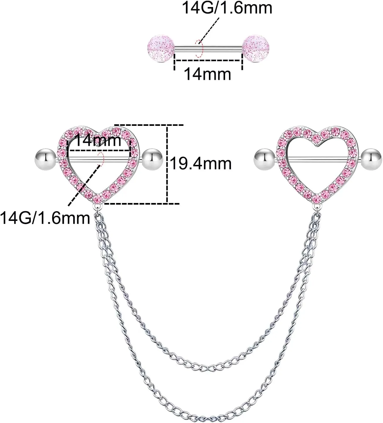 VERAMI 14G 316L Heart Nipple Rings Stainless Steel CZ Nipple Piercing Barbell Double Chain Connecting Nipple Ring Body Pierced Jewelry for Women
