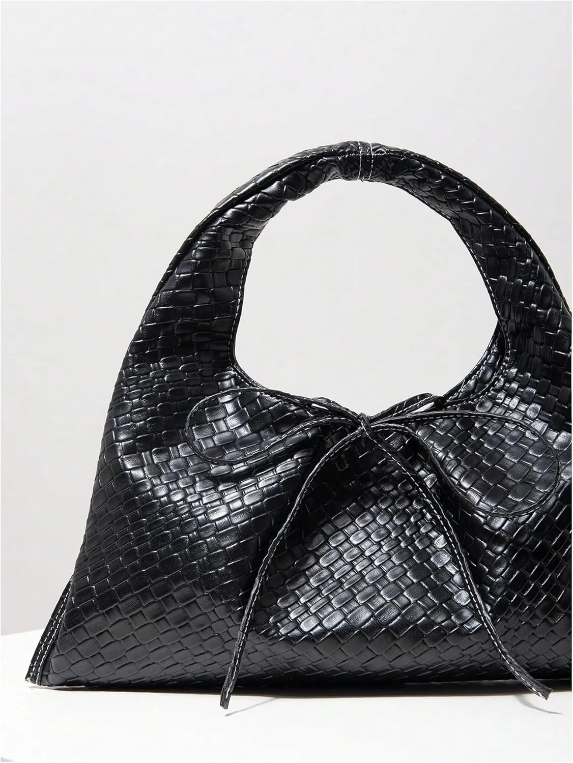 Verdusa Women's Woven Leather Clutch Handbag Bow Tie Snap Top Handle Strap Underarm Purses