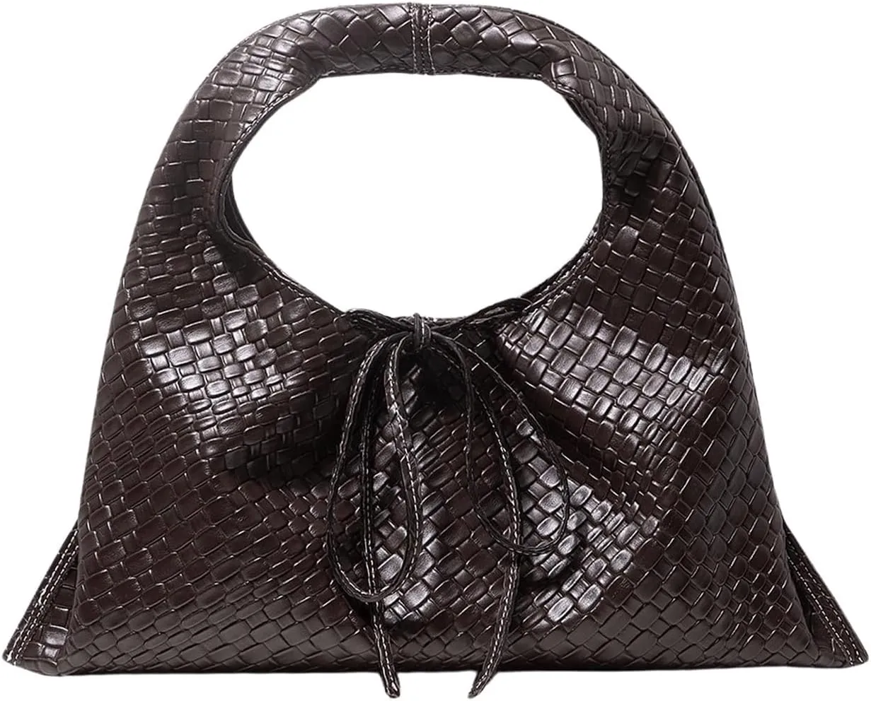 Verdusa Women's Woven Leather Clutch Handbag Bow Tie Snap Top Handle Strap Underarm Purses