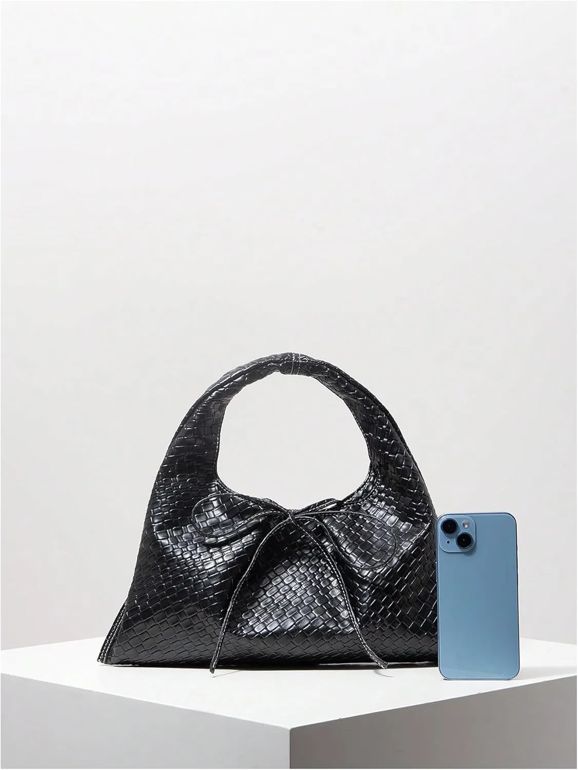 Verdusa Women's Woven Leather Clutch Handbag Bow Tie Snap Top Handle Strap Underarm Purses
