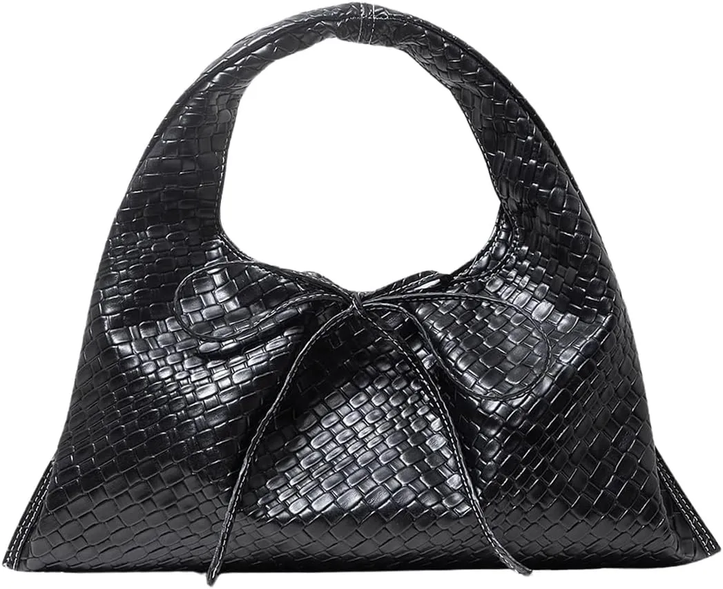 Verdusa Women's Woven Leather Clutch Handbag Bow Tie Snap Top Handle Strap Underarm Purses