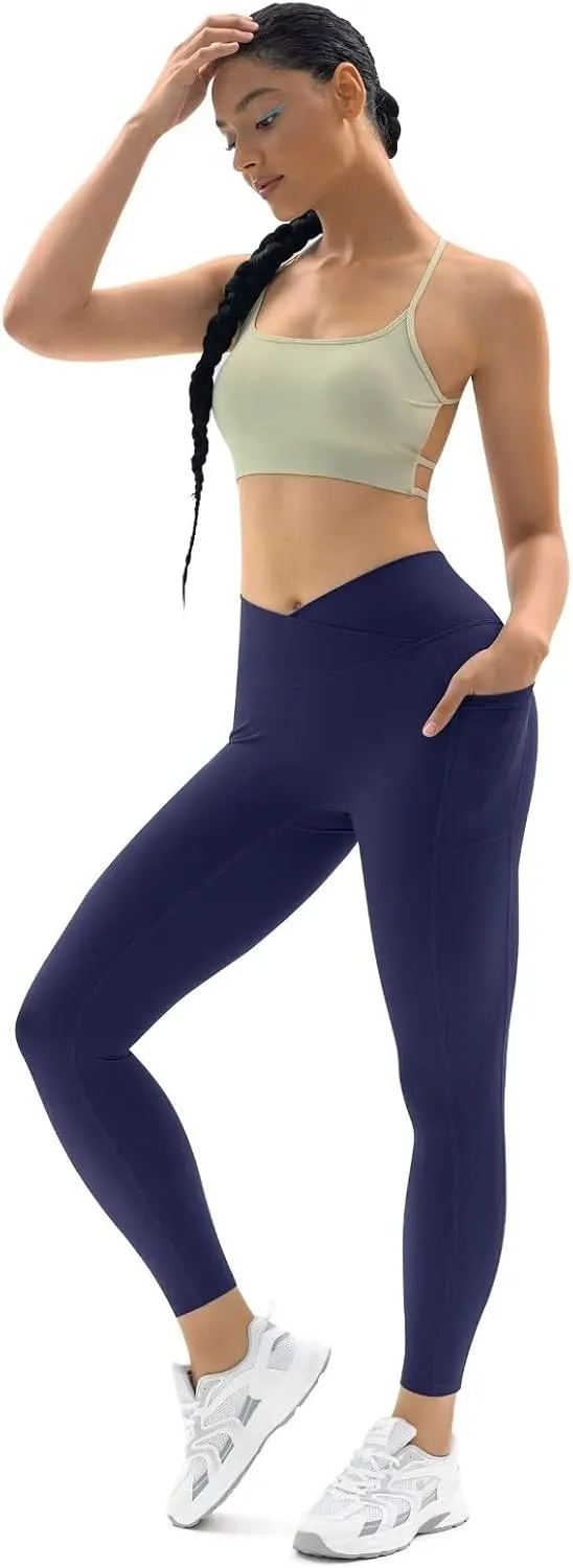 Vertvie Women's High Waisted Leggings Crossover V Waist Butt Lift Yoga Pants Athletic Tummy Control Workout Leggings