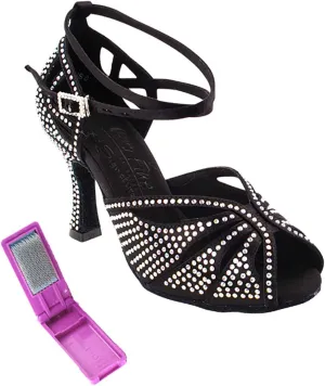 Very Fine Dance Shoes - Ladies Latin, Rhythm, Salsa, Waltz Ballroom Dance Shoes - S1003CC - 3-inch Heel and Foldable Brush Bundle - Black Satin - 8.5