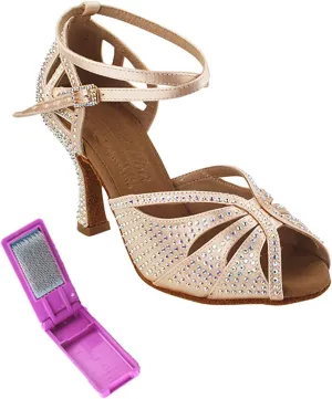 Very Fine Dance Shoes - Ladies Latin, Rhythm, Salsa, Waltz Ballroom Dance Shoes - S1003CC - 3-inch Heel and Foldable Brush Bundle - Flesh Satin - 7