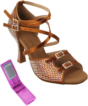 Very Fine Dance Shoes - Ladies Latin, Rhythm, Salsa, Waltz Ballroom Dance Shoes - S1004CC - 2.5-inch Heel and Foldable Brush Bundle - Copper Tan Satin - 6.5