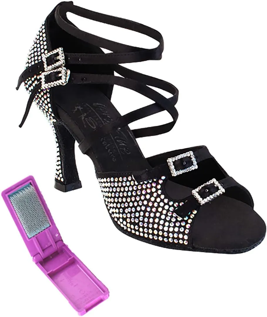 Very Fine Dance Shoes - Ladies Latin, Rhythm, Salsa, Waltz Ballroom Dance Shoes - S1004CC - 3-inch Heel and Foldable Brush Bundle - Black Satin - 6.5