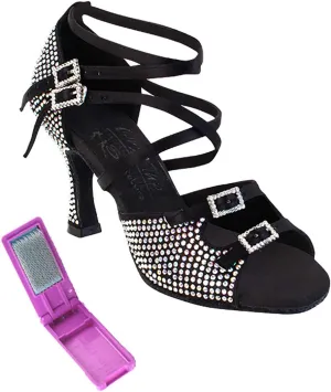 Very Fine Dance Shoes - Ladies Latin, Rhythm, Salsa, Waltz Ballroom Dance Shoes - S1004CC - 3-inch Heel and Foldable Brush Bundle - Black Satin - 6.5