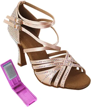 Very Fine Dance Shoes - Ladies Latin, Rhythm, Salsa, Waltz Ballroom Dance Shoes - S1006CC - 3-inch Heel and Foldable Brush Bundle - Flesh Satin - 6