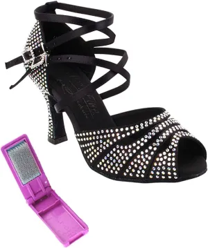Very Fine Dance Shoes - Ladies Latin, Rhythm, Salsa, Waltz Ballroom Dance Shoes - S1007CC - 2.5-inch Heel and Foldable Brush Bundle - Black Satin - 7