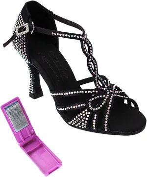Very Fine Dance Shoes - Ladies Latin, Rhythm, Salsa, Waltz Ballroom Dance Shoes - S1008CC - 3-inch Heel and Foldable Brush Bundle - Black Satin - 7.5