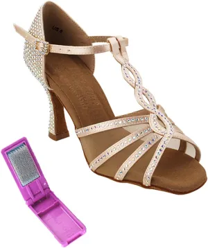 Very Fine Dance Shoes - Ladies Latin, Rhythm, Salsa, Waltz Ballroom Dance Shoes - S1009CC - 3-inch Heel and Foldable Brush Bundle - Flesh Satin - 9.5