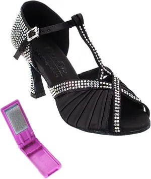 Very Fine Dance Shoes - Ladies Latin, Rhythm, Salsa, Waltz Ballroom Dance Shoes - S1010CC - 3-inch Heel and Foldable Brush Bundle - Black Satin - 5.5
