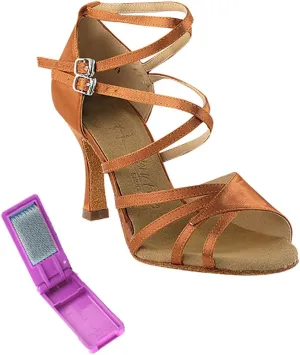 Very Fine Dance Shoes - Ladies Latin, Rhythm, Salsa, Waltz Ballroom Dance Shoes - SERA1662B - 2.5-inch Heel and Foldable Brush Bundle - Dark Tan Satin - 8