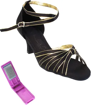 Very Fine Dance Shoes - Ladies Practice, Cuban Low Heel Ballroom Dance Shoes - SERA7043-2.5-inch Heel and Foldable Brush Bundle - Black Satin - Gold Trim - 7.5