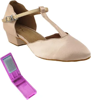Very Fine Dance Shoes - Ladies Practice, Cuban Low Heel, Waltz Ballroom Dance Shoes - 6819FT - 1-inch Heel and Foldable Brush Bundle - Flesh Satin - 7