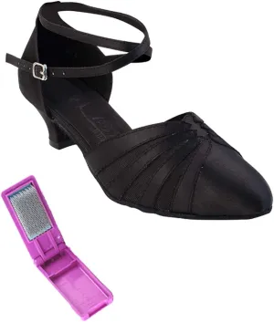 Very Fine Dance Shoes - Ladies Practice, Cuban Low Heel, Waltz Ballroom Dance Shoes - SERA3543-1.2-inch Heel and Foldable Brush Bundle - Black Satin - 9.5