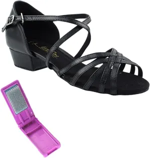 Very Fine Dance Shoes - Ladies Practice, Cuban Low Heel, Waltz, Wedding Dance Shoes - 1670FT - 1-inch Heel and Foldable Brush Bundle - Black PU - 10
