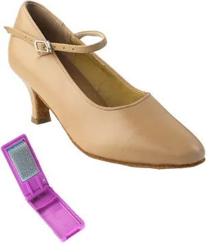 Very Fine Dance Shoes - Ladies Standard, Smooth Ballroom Dance Shoes - SERA5522-2.5-inch Heel and Foldable Brush Bundle - Beige Brown Leather - 7.5