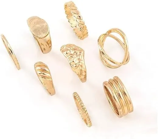 Vintage Gold Tone Boho Midi Ring Set for Women, 8 Piece Mixed Design Collection, Fashion Statement Rings